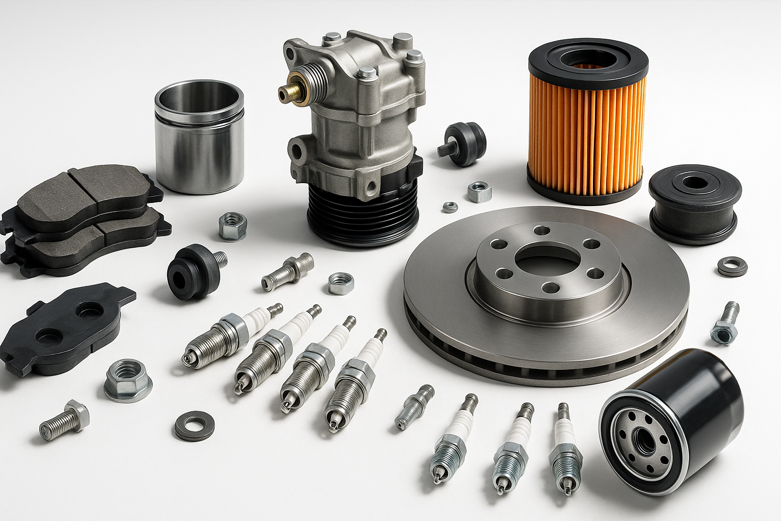 A high-resolution, wide-format banner image showing neatly arranged car and truck spare parts (such as brake pads, compressors, filters, and rotors) on a clean workshop surface. Bright lighting, professional studio look, minimal background clutter. Modern, sleek, and technical style. The image should be wide and suitable for a website hero banner, leaving space on one side for text overlay.